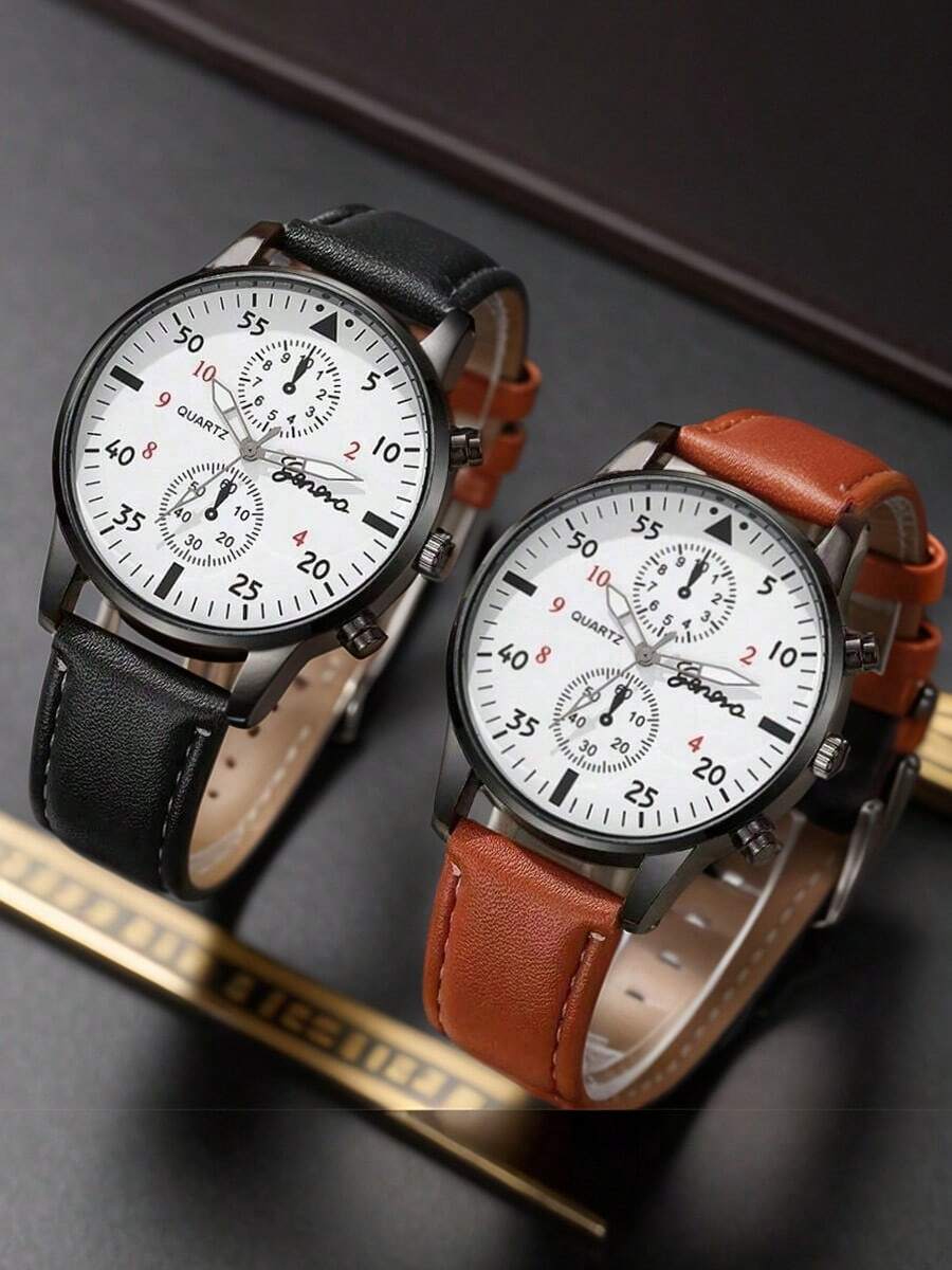 2pcs Set: Men's Square Minimalist Dial Quartz Watch & Leather Belt Accessories,Suitable For Daily Wear - Black - View 1