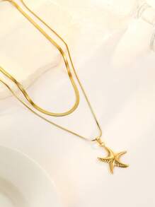 1pc Stainless Steel Gold Tone Double Layer Blade Chain Necklace With Starfish Pendant, Suitable For Women Beach Vacation Decoration