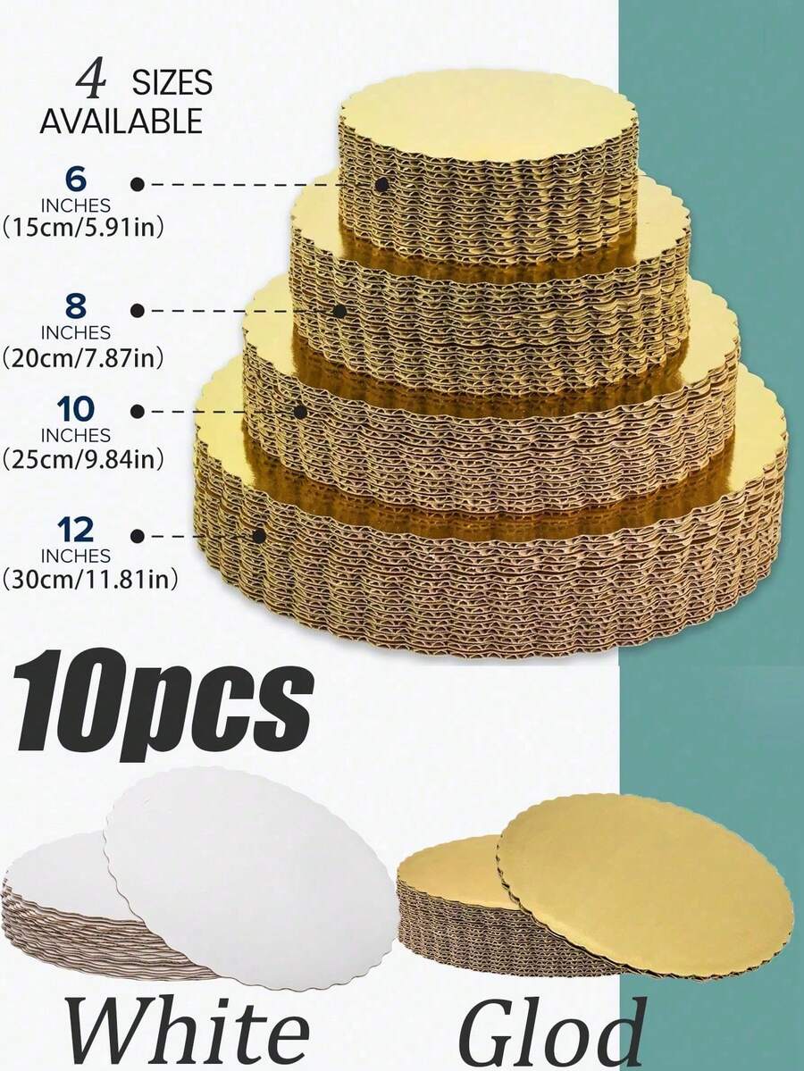 10个装 - 坚固圆形蛋糕底托,尺寸分别为8英寸、10英寸和12英寸,金色纸板蛋糕底托,扇形边缘,三种尺寸可选,防水防油,适用于DIY蛋糕、甜点和工艺品展示 - 金色 - 查看 1