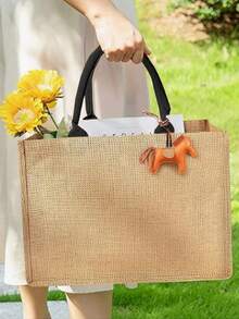 1 Stück große Kapazität modische Jute Aufbewahrungstasche, wiederverwendbare Segeltuch Tragetasche, handgefertigte Tasche, Handtasche, Einkaufstasche, Aufbewahrungstasche, Strandtasche, Reisetasche, Umhängetasche - Khaki - Übersicht 7