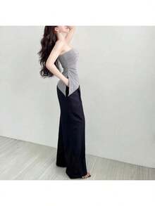 女式夏季无袖露背开叉腰下摆不对称针织上衣，不对称开叉腰/褶皱衬衫，适合庆典、派对、约会、日常穿着 - 灰色 - 查看 4