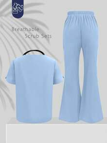 Solid Color V-Neck Short Sleeve Top And Split Flare Pant Lab Coat Nurse Scrub Uniform Set, Scrub Uniform For Pet Hospital Clinic Private Nursing Work Outfit Top And Pant With Pockets - Màu xanh nhạt - Xem 4