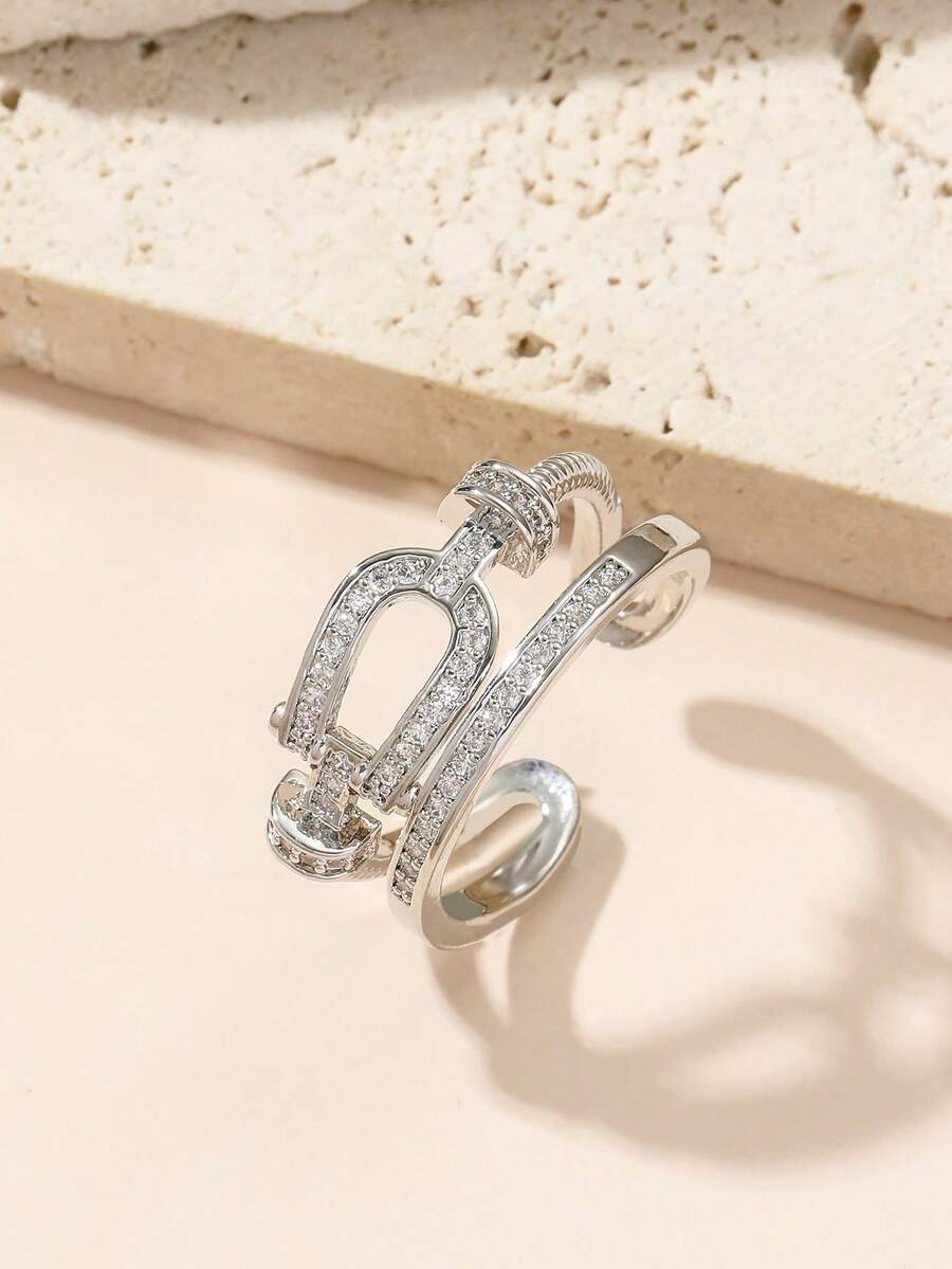 1pc Fashionable & Elegant Copper Ring Inlaid With Zirconia - Silver - View 1