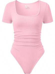OQQ Women Bodysuits Ruched Short Sleeve Square Neck Stretch Lounge Travel Bodysuits - Pink - View 1