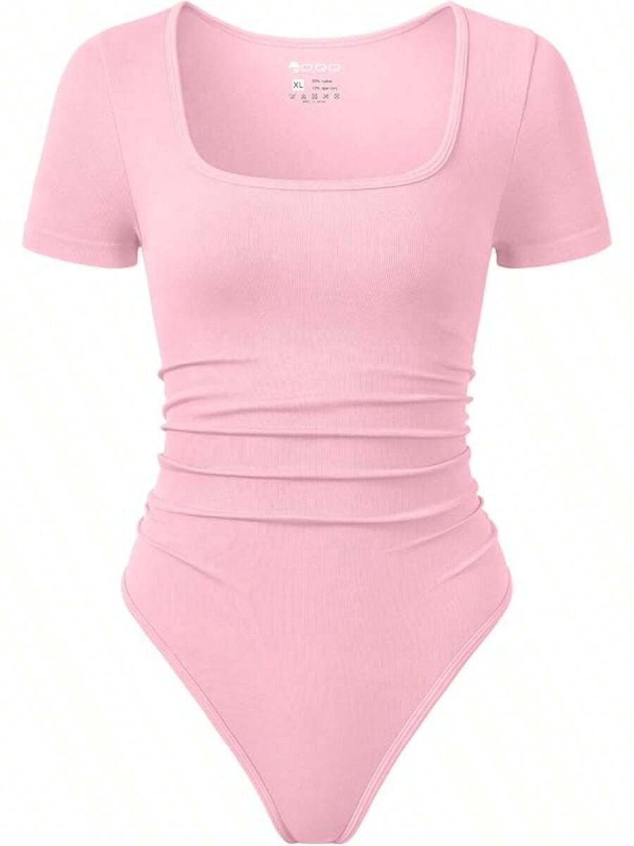 OQQ Women Bodysuits Ruched Short Sleeve Square Neck Stretch Lounge Travel Bodysuits - Pink - View 1