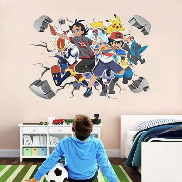 pokemon 1pc Cartoon Wall Sticker 3D Broken Wall Sticker Children's Room Bedroom Self-Adhesive PVC Decorative Wallpaper