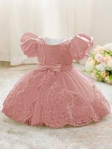 Baby Girls' 0-2 Years White Lace Ruffled Sleeves Mini Dress, Christening Gown Suitable For Role Play & Party - 粉色 - 查看 2
