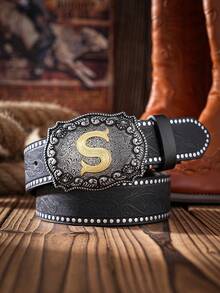 1条波西米亚西部牛仔风格字母压纹金属扣复古黑色PU腰带，适合夏季、学校休闲、商务场合，可作为男友、丈夫、父亲、男士礼物，日常穿着，时尚百搭，适合青少年、户外、度假、运动、旅行、街头、波西米亚风、复古秋季、万圣节秋冬配饰，适合青少年、青年、男士，休闲、户外、运动、度假、毕业礼物、生日礼物、日常穿着 - 黑色 - 查看 21