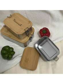 1pc Custom-Made Fashionable Stainless Steel Lunch Boxes With Lock Buttons, Engraved Names And Dates, Rectangular Sealed Boxes For Refrigerator Storage, Wooden LIDS, Engraved Names, Student Lunch Boxes, Personalized Lunch Boxes, Office Bento Boxes, Outdoor Leisure Storage Boxes, Multi-Functional - Silver - View 4