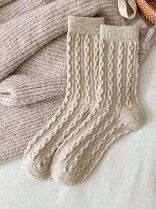 1 Pair/7 Pairs Pack Women's Crew Socks, Multicolor Cashmere Blend Cable Knit Design, Soft & Comfortable, Odor-Resistant, Sweat-Absorbent, Retro Style, Regular/Ankle Length, All Season