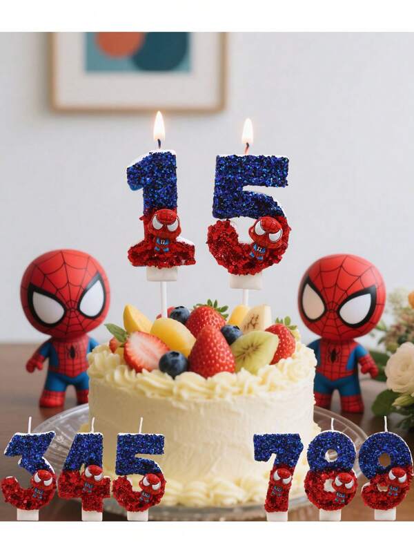 Disney Lumânări strălucitoare de ziua de naștere Disney Spider-Man - Material ceros, Lumânări cu 0-9 cifre, Decorațiuni de ziua de naștere, Culoare gradient, Atmosferă festivă, Numerotate, Perfecte pentru sărbători, Cadouri de decorare pentru petreceri cu tema Supererou Spider-Man