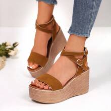 Summer 2025 Retro Platform Wedge Heel Sandals Women New Thick Bottom High Heel Criss-Cross Woven Roman Shoes - Brown - View 3