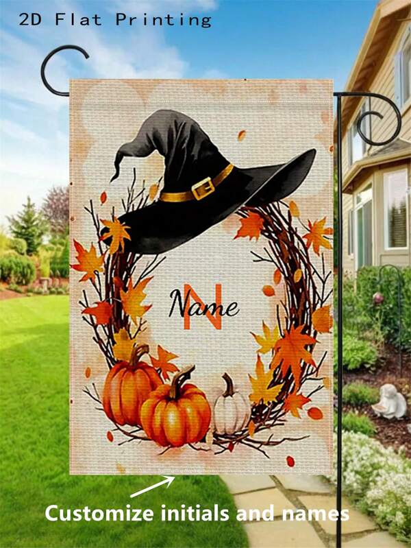 1pc Halloween Custom Garden Flag With Black Witch Hat, Pumpkin & Fall Leaves - Double-Sided, Holiday Yard Decoration Flag, Can Customize Name Text