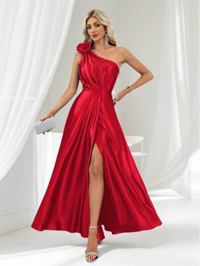 女士优雅光滑针织弹力缎面单肩连衣裙，3D 花卉装饰，性感褶皱夏季晚礼服，高腰喇叭形侧开衩连衣裙，适合约会、派对、庆典、婚礼、伴娘活动、正式场合