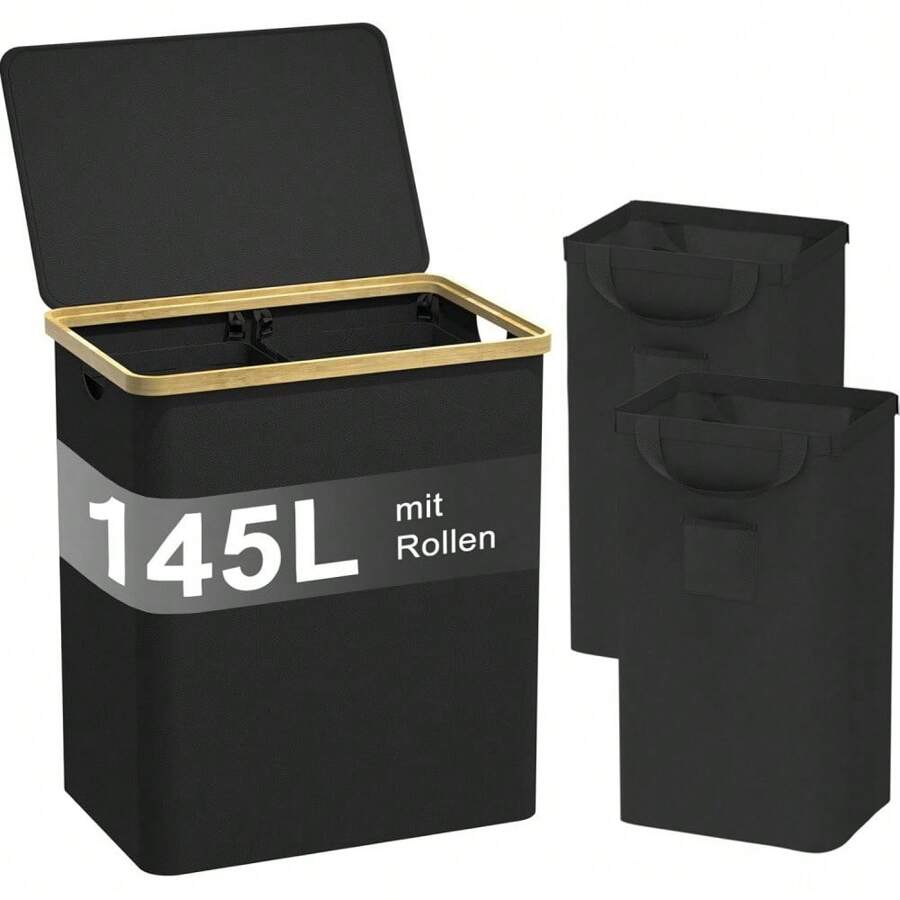Schwarzer Wäschekorb mit Deckel, 4 Fächer, 145L, Wäschesammler mit 2 herausnehmbaren Wäschesäcken, Reise & Rollen, Wäschekorb, großer Schmutzwäschebehälter, Wäschekorb, Wäschebox, Wäsche