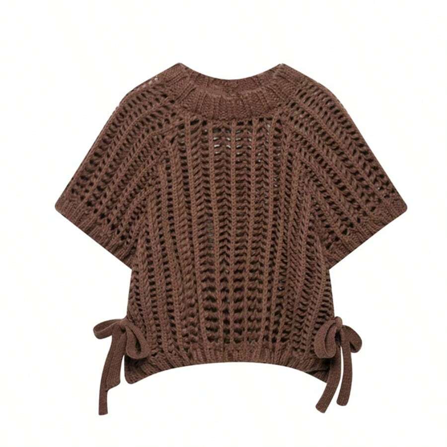 ZEVITY 女士时尚侧系带镂空休闲针织毛衣，下摆开衩设计厚针织套头衫 SW2515，秋冬 - 棕色 - 查看 1