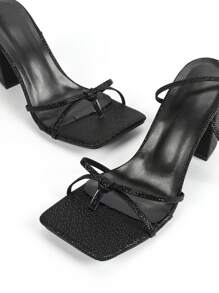 Women's Black Square Toe Lace-Up Sandals, Fashionable Sexy Cross-Strap Party High Heels, Elegant Comfortable Chunky Heel Shoes, Flattering & Leg-Lengthening