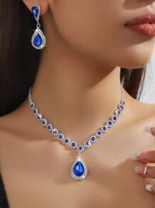 1 pieza Deslumbrante collar de novia con cristales verdes + 1 pieza de aretes de novia de lujo en forma de lágrima con cristales, set de 3 piezas de joyería de novia de moda adecuado para boda, gala, accesorio para vestido formal, festival