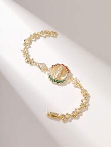 1pc Fashion Simple Luxury Glitter Copper Inlaid Flower Petal Hollow Embossed Virgin Mary Bracelet, Suitable As Gift For Mother/Father's Day/Siblings/Couples/Friends, Daily/Holiday Wear, Praying - Yellow Gold - View 11