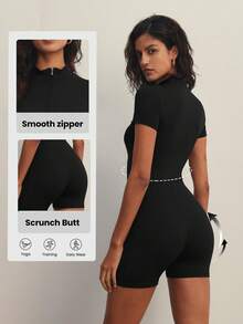 FWH 复古风健身连体衣，收腰提臀设计，收腹提臀，前卫街头风格，腰部塑形拉链细节，性感街头风格，女式拉链前连体衣，塑身衣 - 黑色 - 查看 2