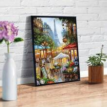 5D钻石画，巴黎街头风景主题，圆形钻石艺术，适合墙壁装饰和桌面展示，完美的宰牲节节日礼物，无框