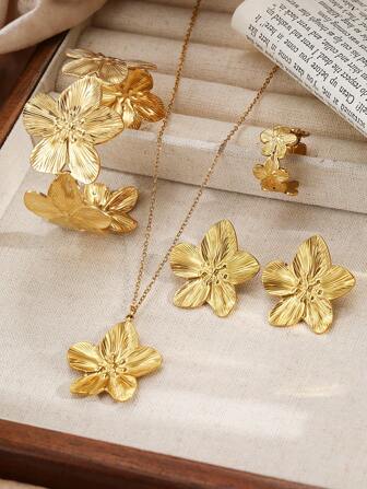 5 件精美花朵设计不锈钢项链、耳环、戒指、手链首饰套装，适合女性日常佩戴、海滩度假、派对、赠送朋友