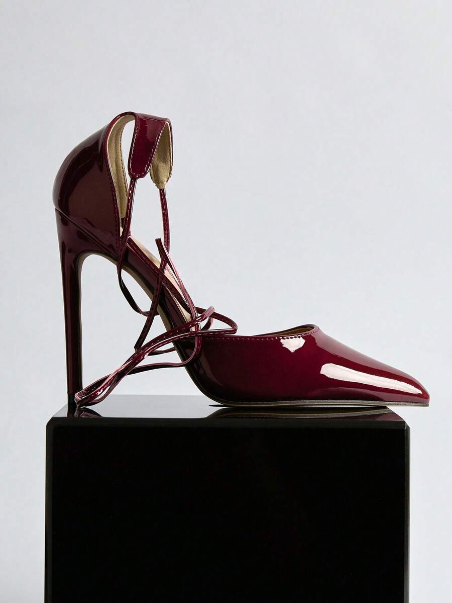 Damskie buty na obcasie typu stiletto z brokatowym paskiem, kolor srebrny, nowość na Boże Narodzenie w 2024 roku, zimowe prezenty świąteczne - Burgund - Zobacz 1