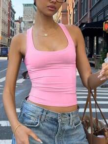 Áo tank top crop top nữ màu hồng trơn, dáng ôm, phong cách thường ngày, gợi cảm, thích hợp cho mùa xuân hè, đi nghỉ mát. - Hồng - Xem 4