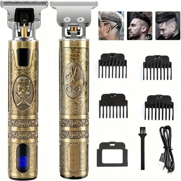 Professional Cordless Hair Clipper For Men - Retro T-Blade Trimmer, Metal Body With LCD Display, Precision Zero Gap Cutting, Rechargeable Haircutting Kit With 4 Guide Combs, USB Rechargeable - Ideal For Barber Shop And Home Use