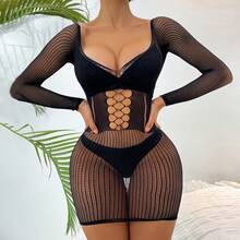 欧美情趣内衣长袖渔网镂空性感内裤网眼透视裆开裆短裙交叉绑带提花性感诱惑网衣