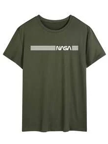 男士夏季字母印花圆领短袖休闲 T 恤 - 軍綠色 - 查看 2