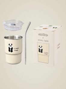 304 Stainless Steel Cartoon Water Cup With Straw And Transparent Lid Couple Water Cup Outdoor Camping Cup Ins Simple Coffee Cup