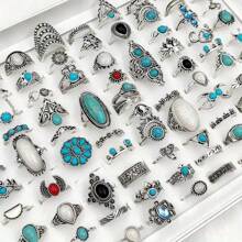 20Pcs/Lot Retro Bohemian Style Turquoise Rings For Women Mix Style Blue Artificial Stone Finger Jewelry Set Party Gifts Random Style