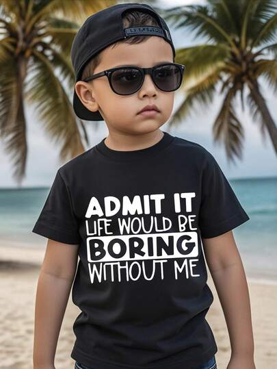 男童休闲标语印花短袖T恤