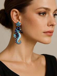 1pc Fashionable Elegant Ocean Holiday Style Geometric Rhinestone Inlaid Star & Seahorse Colored Symmetrical Dangle Earrings