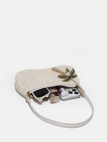 Novachic，简约编织风格，海洋动物装饰吊坠配串珠链，夏季包包，海滨度假风格，女士拉链单肩包，腋下包，流浪包，适合日常和度假使用 - 米色 - 查看 5