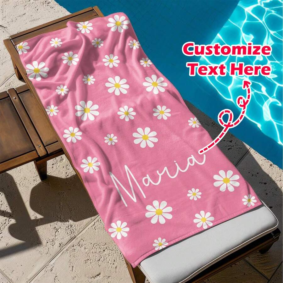 Customized Daisy Name Beach Towel, Personalized Letter Swimming Pool Towel, Cartoon Flower Signature Beach Towel, Vacation Gift, Picnic Towel,Vacay Vibes