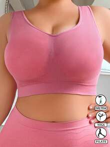 Sutiã esportivo feminino plus size, sem costura, de camada dupla, confortável, sem aro, para ioga e ginástica (almofadas removíveis e sem fixação)