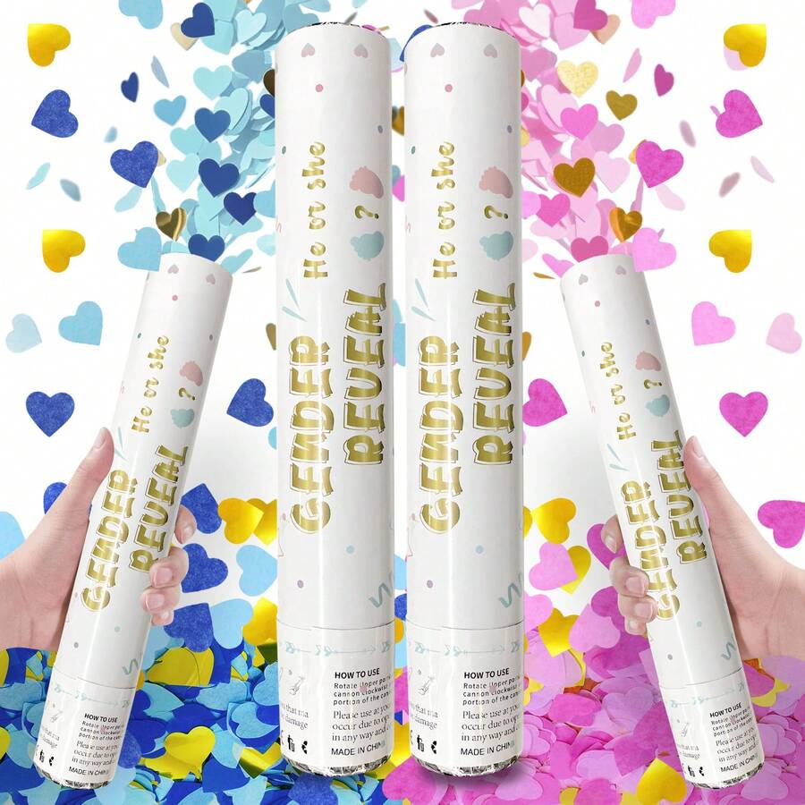 Gender Reveal Confetti Cannon - Heart Shaped Confetti Party Poppers - Pink, 4 Pack - B Aby G Irl Gender Reveal Party Poppers Cannons Shooters Blaster - 4粉 - 查看 1