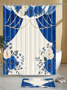1/4pcs - Blue Floral Shower Curtain Set, Vintage Flower Curtain Faux Pearl Modern Art Decorative 12 Hooks Waterproof Shower Curtain, Non-Slip Bathroom Floor Mat, Toilet U-Shaped Mat, Cover Mat, Home Decor Gift Back To School