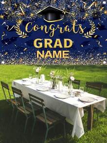 1 件可定制姓名 2025 届毕业生庆祝派对横幅，涤纶材质学士帽蓝/黑金/蓝金/绿图案摄影背景，个性化大学毕业横幅教室背景，家居和户外装饰用品，毕业典礼，派对装饰，三种尺寸可供选择