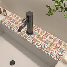 1pc Bohemian Silicone Drain Mat With Anti-Slip Vintage Pattern, Fits Various Faucets For Bathroom, Kitchen,Non-Slip Kitchen Mats For Sink Side, Natural And Hygienic Kitchen Essential For Home And Kitchen Room Decor, Part Of Your Cozy Fall& Winter Styles And Christmas Decorations