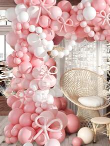 140pcs, Matte White Soft Pink Bow Babe Shower Party Confetti Aluminium Foil Balloon Decorative Set, Fantasy Pink Bow Theme Gender Reveal Party Background Aluminium Foil Confetti Balloon Decoration Arch Set, Perfect For Gender Reveal Party Newborn Party Room Wall Decoration Balloons - Pink Bow - View 8