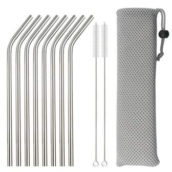 2/3/4/6/8/11pcs Stainless Steel Reusable Straws Set, Beverage, Coffee, Milk Tea & Bar Curved Straws,School Supplies