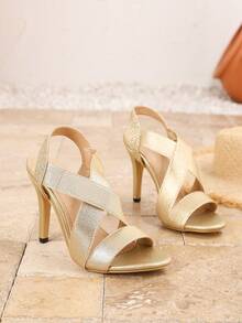 优雅交叉带扣细节露趾高跟凉鞋，露趾舞会礼服鞋，女士夏季 - 金色 - 查看 6