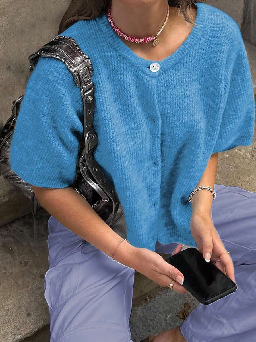 Women's Casual Solid Color Short Sleeve Ribbed Knit Cardigan - Sky Blue - View 1
