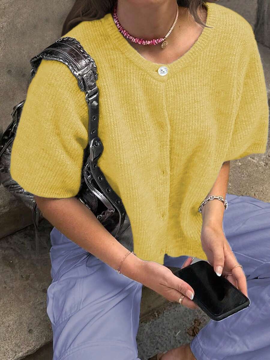 女士休闲纯色短袖针织开衫 - 嫩黃色 - 查看 1