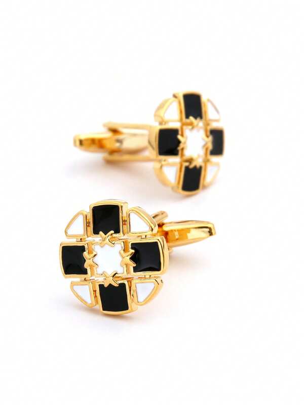 1 Par de Gemelos minimalistas de moda en contraste blanco y negro con diseño creativo redondo y metal dorado para hombres, de vuelta a la escuela