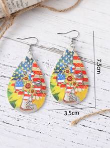 Vintage Leopard, Sunflower, Cross, Red White Blue Striped Star Patriotic USA Women PU Double Sided Water Drop Pendant Earrings