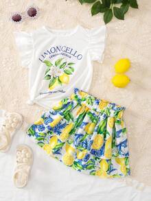 Bộ 2 áo thun tay lỡ in họa tiết hoa thời trang thường ngày cho bé gái và váy hai lớp in họa tiết cạp chun, thích hợp mặc hàng ngày, ở nhà và ngoài trời, mùa hè - Nhiều màu - Xem 3